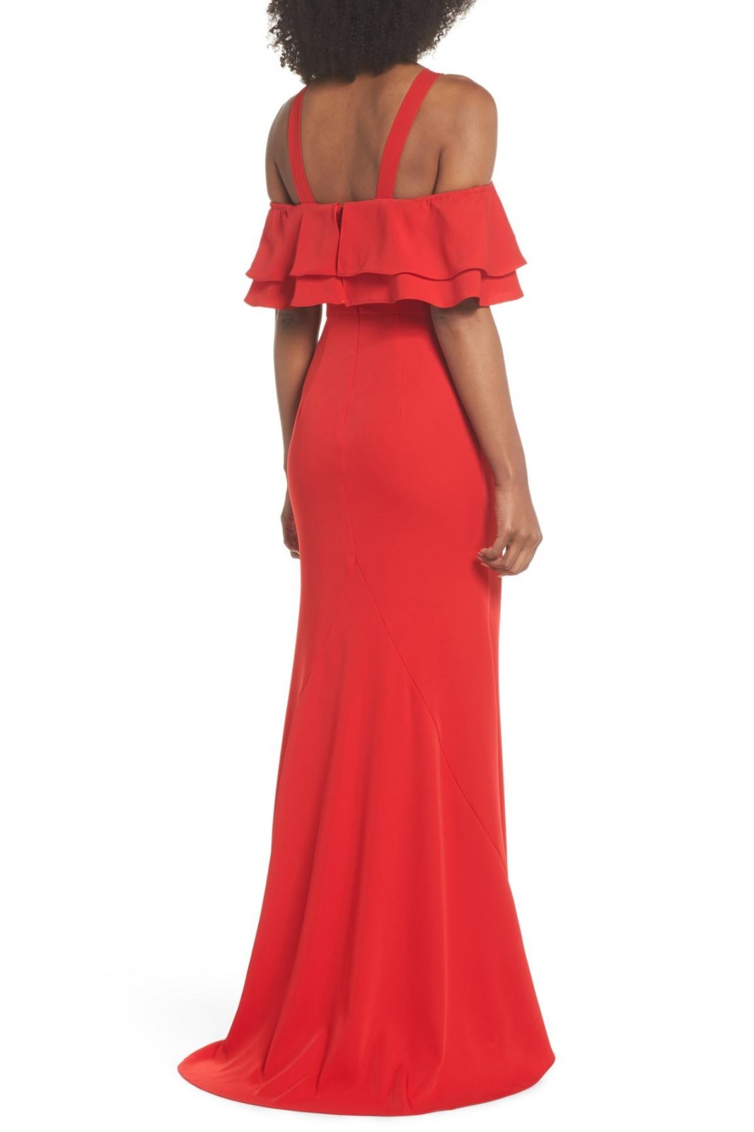 JARLO Red Ruffle Drape Overlay Halter Cold Shoulder Stretch Maxi Gown 2 = XS NEW