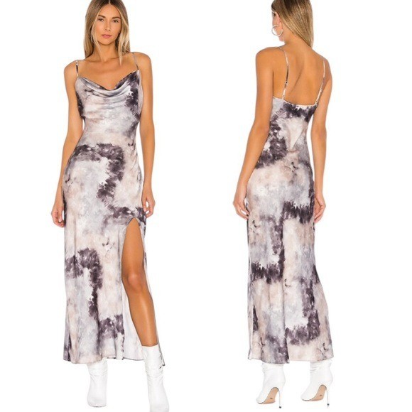 Revolve Superdown Krystal Slit Midi Dress in Grey Tie Dye Size S retail $88