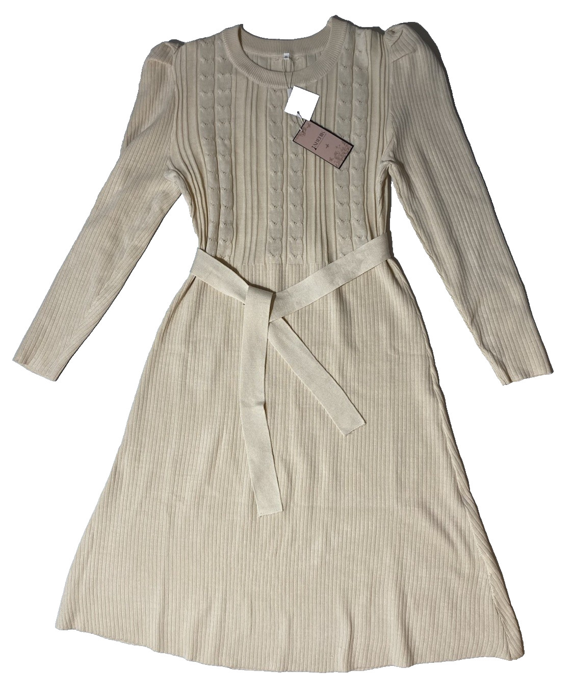 NEW Womens S Winter Long Sleeve Beige A-line Sweater Tie Waste Dress, See Detail