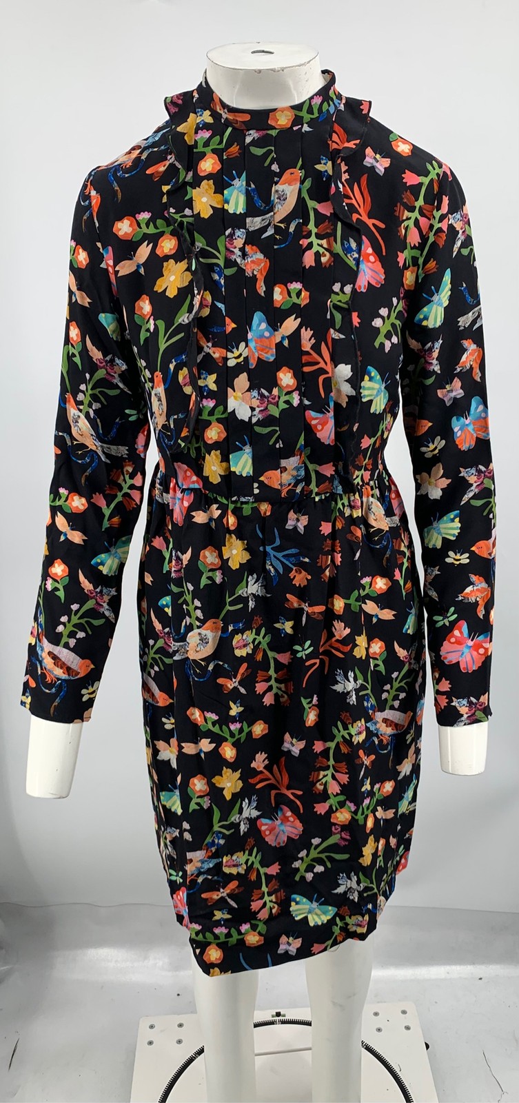 Cacharel Black Multi-Color Floral Print Silk Ruffle Front A-line Dress sz 38