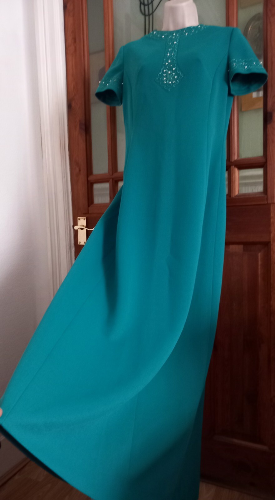 Vtg 60s Crimplene Maxi beaded pearl Dress By Eastex Size 12 Party Cocktail Prom