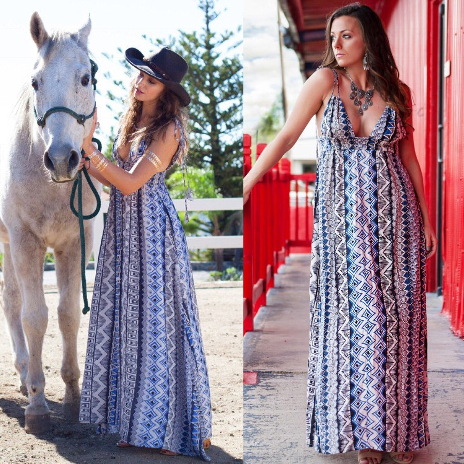 En Creme Boho Tribal Aztec Plunge Neck Maxi Dress Festival NWT Small