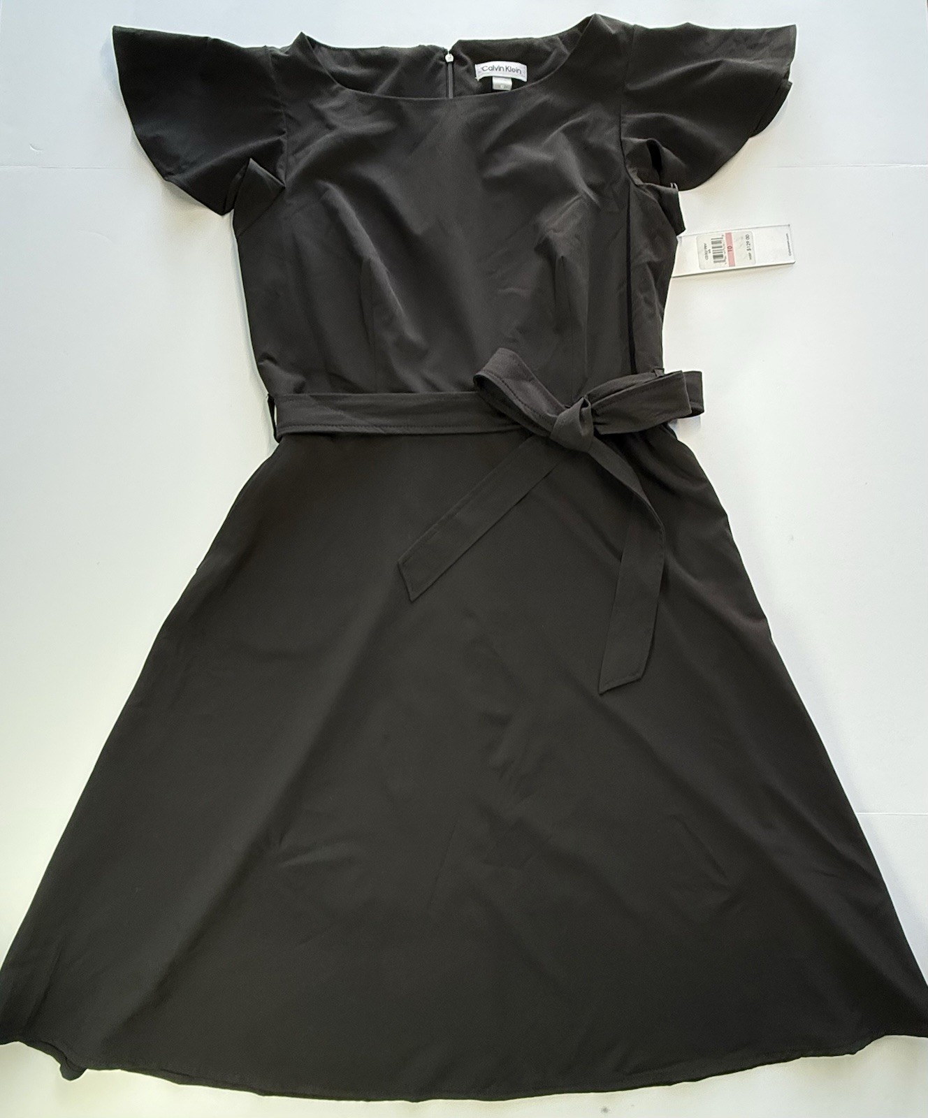 Calvin Klein Dress Womens 10 Black Fit & Flare Flutter Sleeve Belted Pockets NWT
