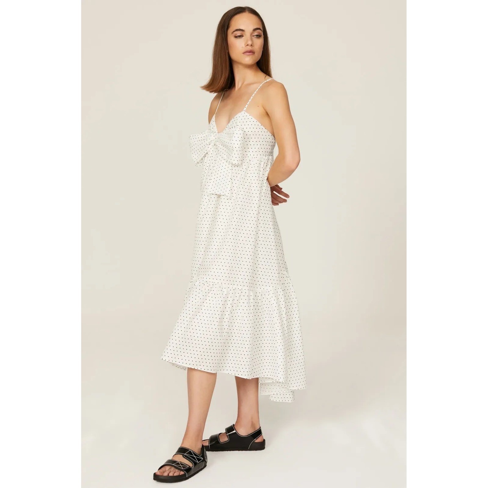 Black Halo Polka Dot Bow Front Midi Dress White Size Medium