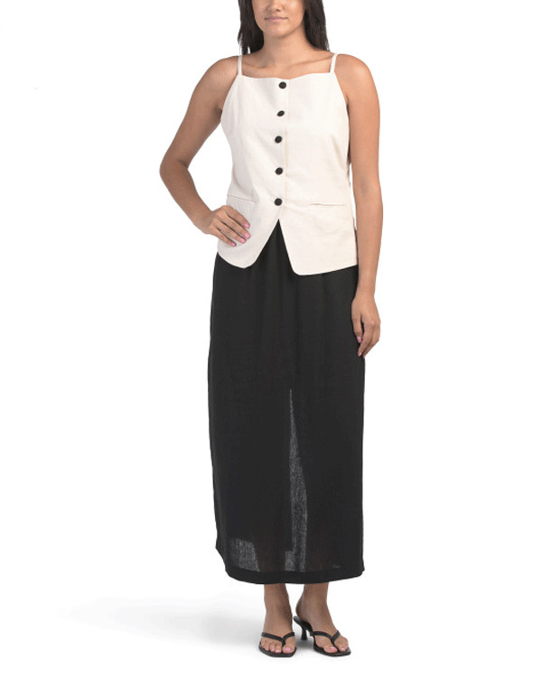 NEW NICOLE MILLER BEIGE BLACK LINEN MIDI SHEATH DRESS SIZE M $120