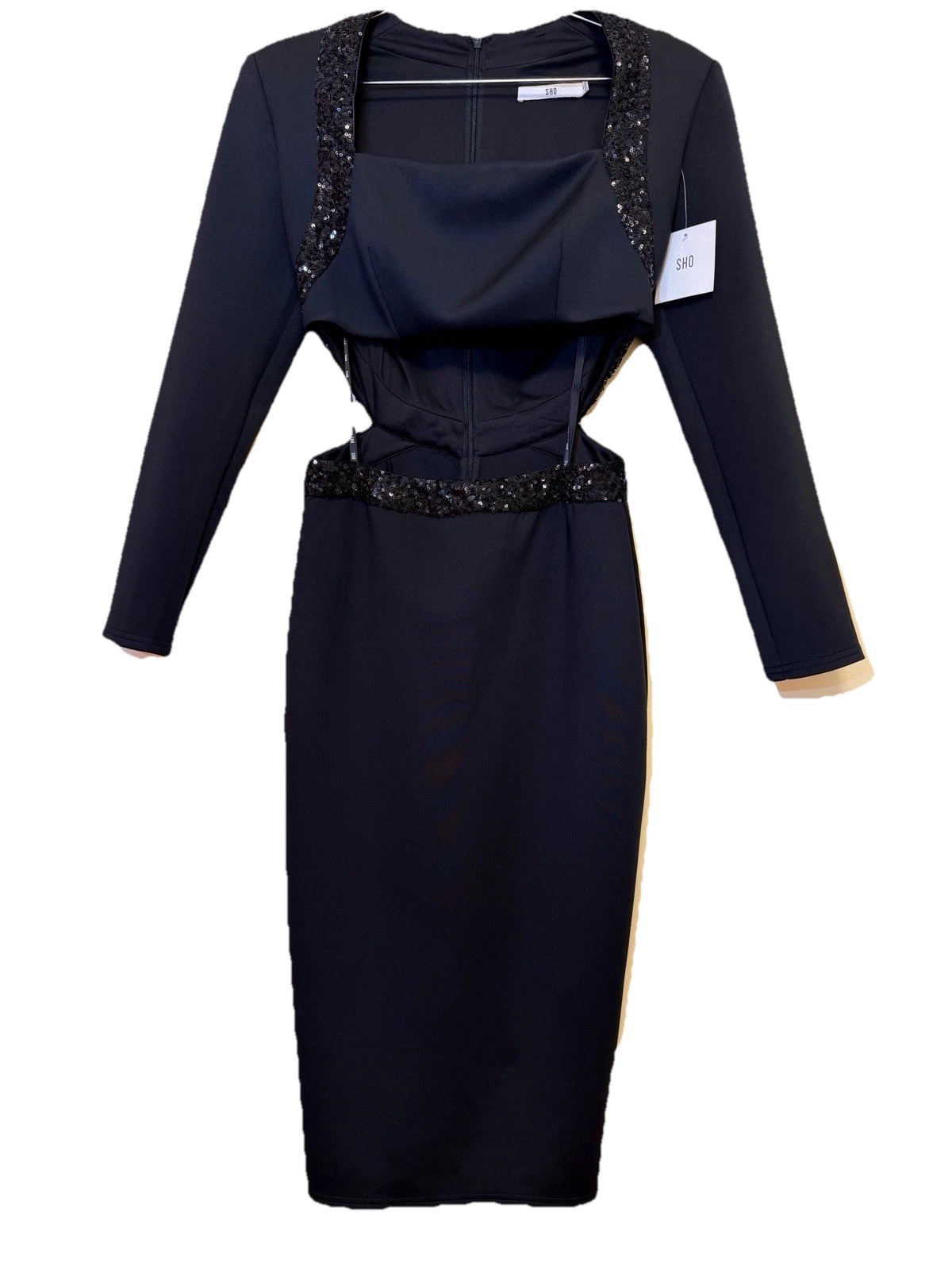 $288 Sz Small SHO by Tadashi Shoji Womens Black Cutout Sequin Long Sleeve Dress