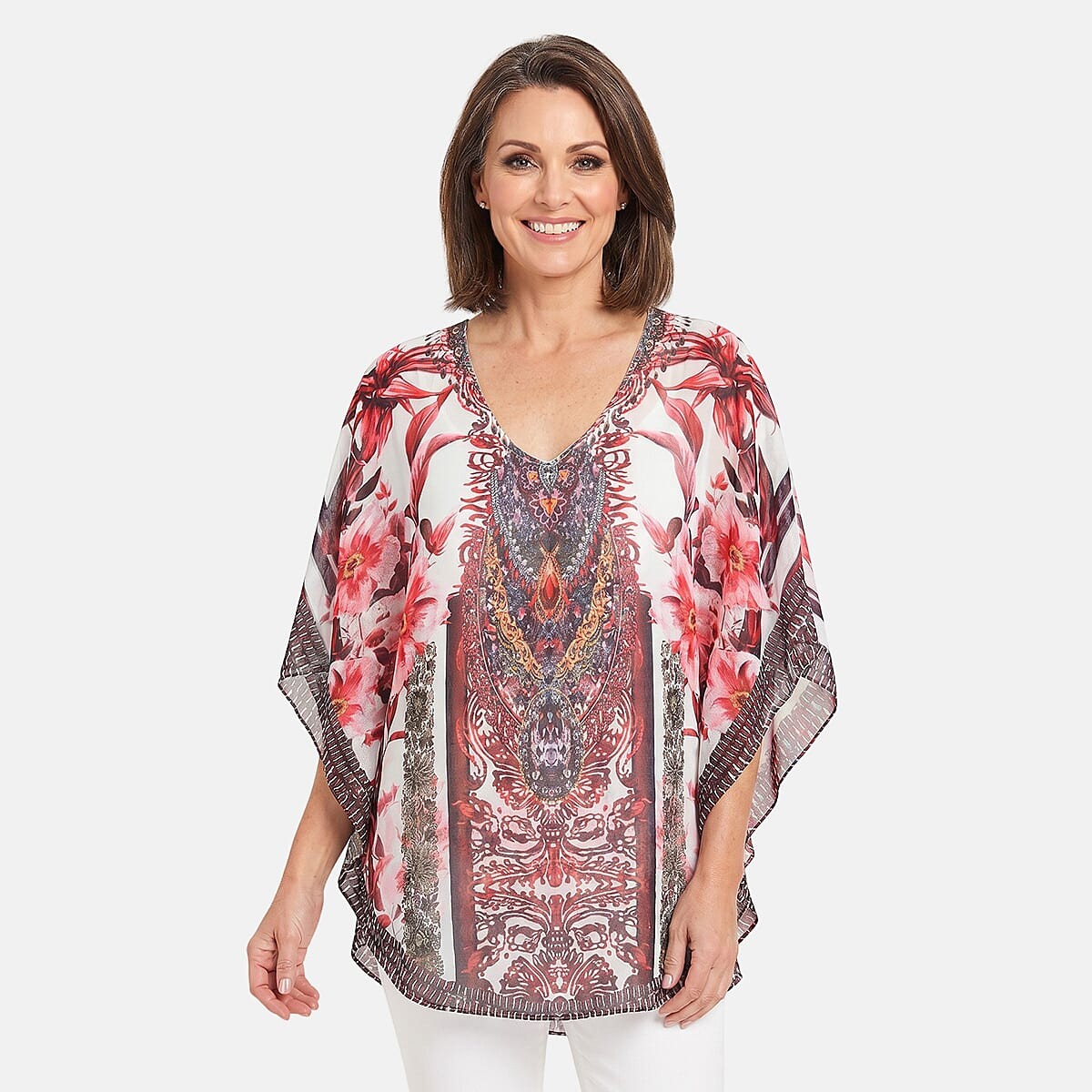 La Marey Red Chiffon Printed Kaftan – One Size Fits Most