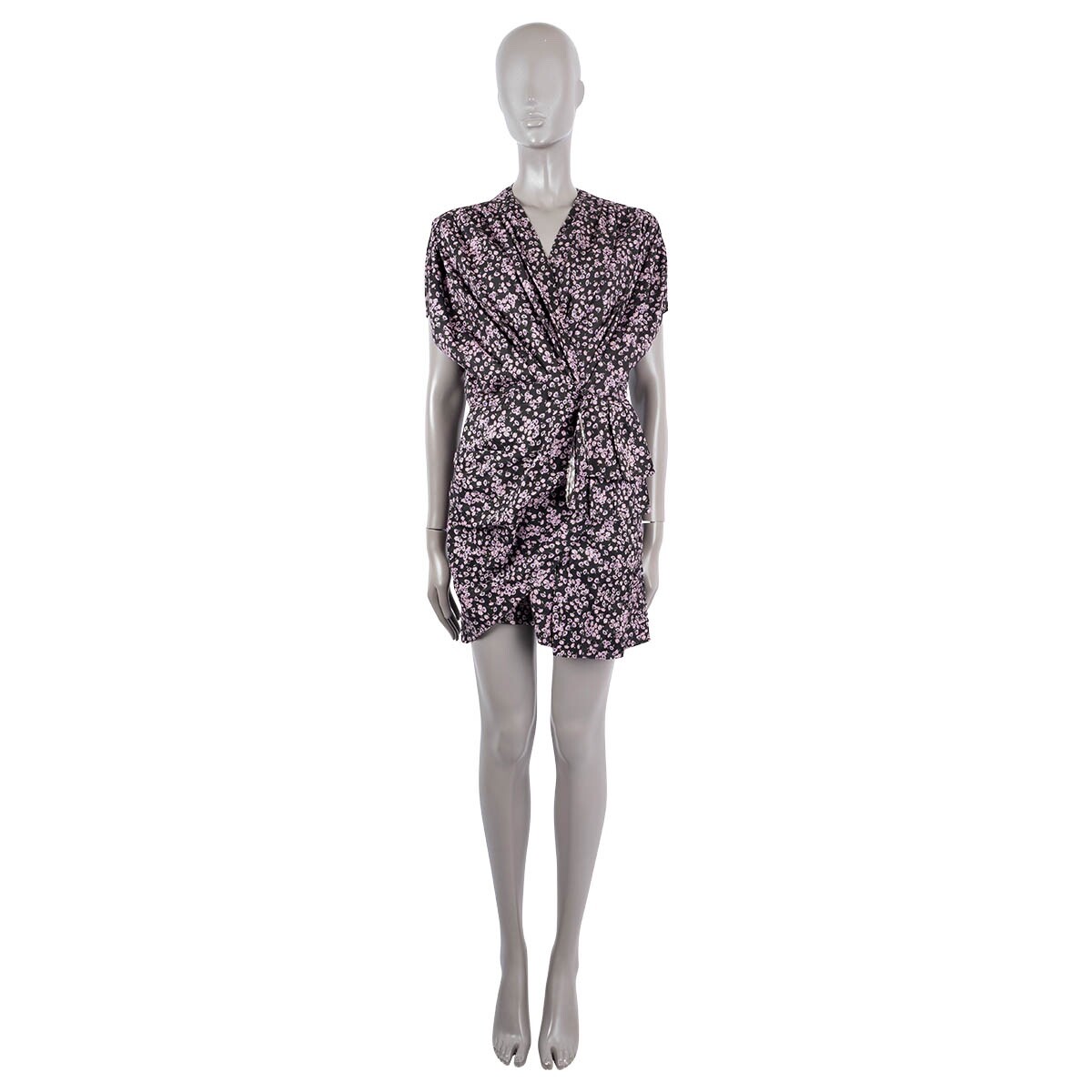 68084 auth MAGDA BUTRYM black & lilac viscose FLORAL DRAPED MINI Dress 38 S
