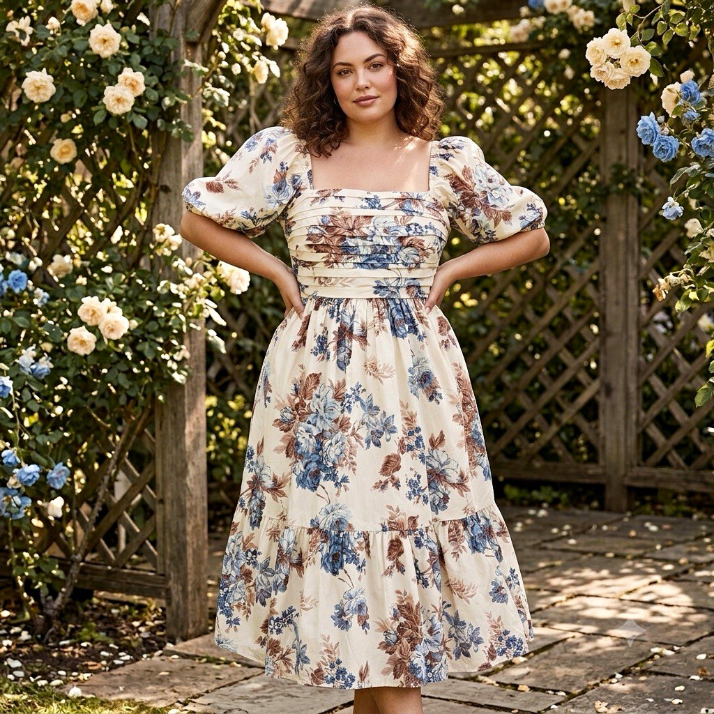 Abercrombie & Fitch Women’s XL Floral Puff Sleeve Square Neck Smocked Midi