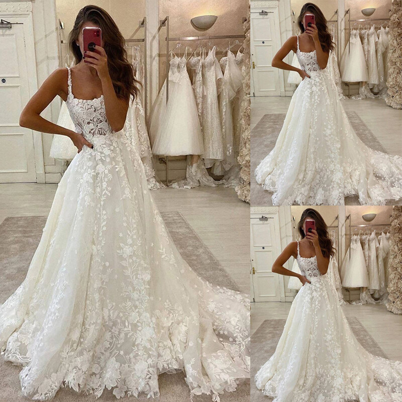 Bohemian A-line Wedding Dress Lace Sleeveless Sweeping Train Tulle Bridal Gown