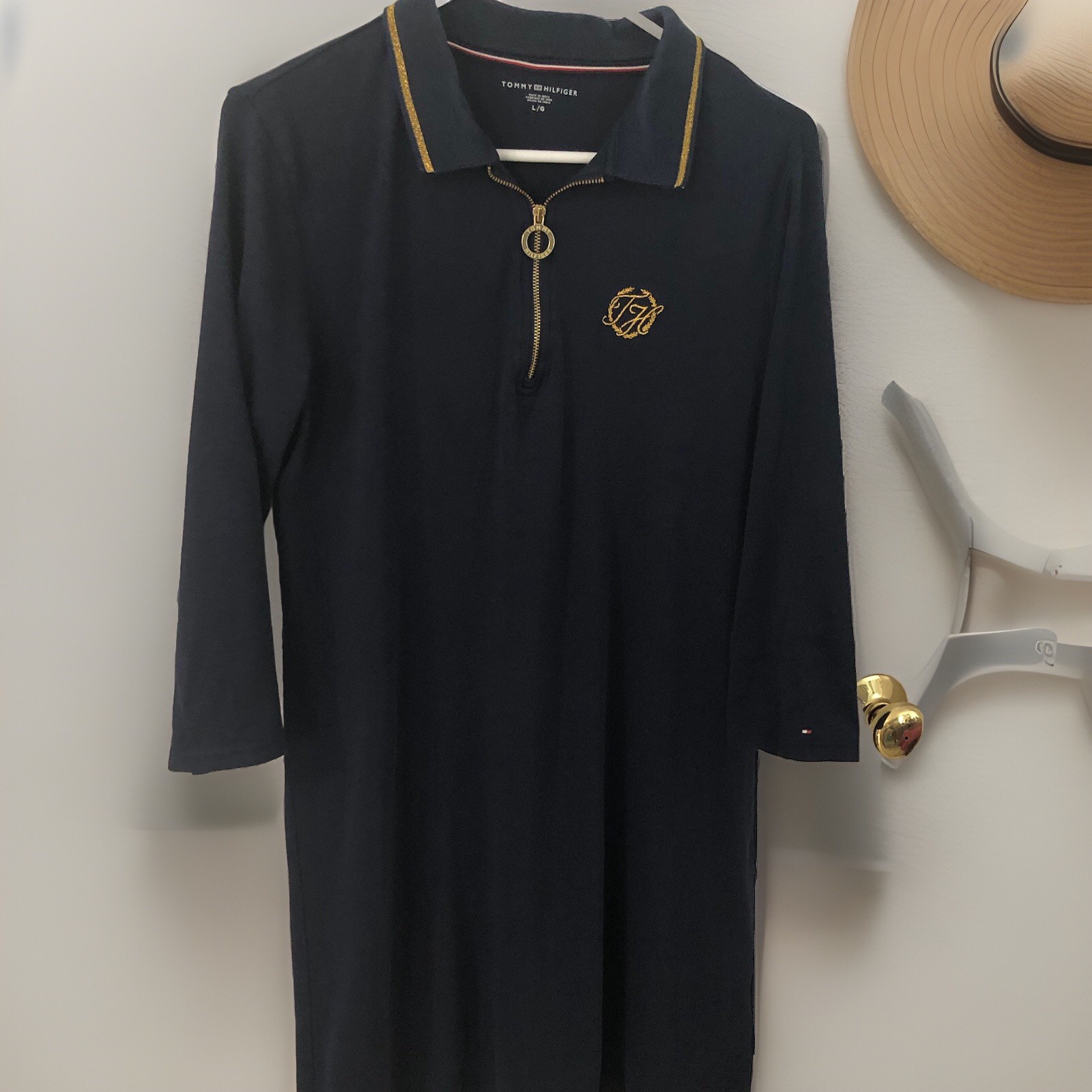 Tommy Hilfiger Polo Dress L* M* Navy Blue Cotton Gold Trim Collar Zipper Logo