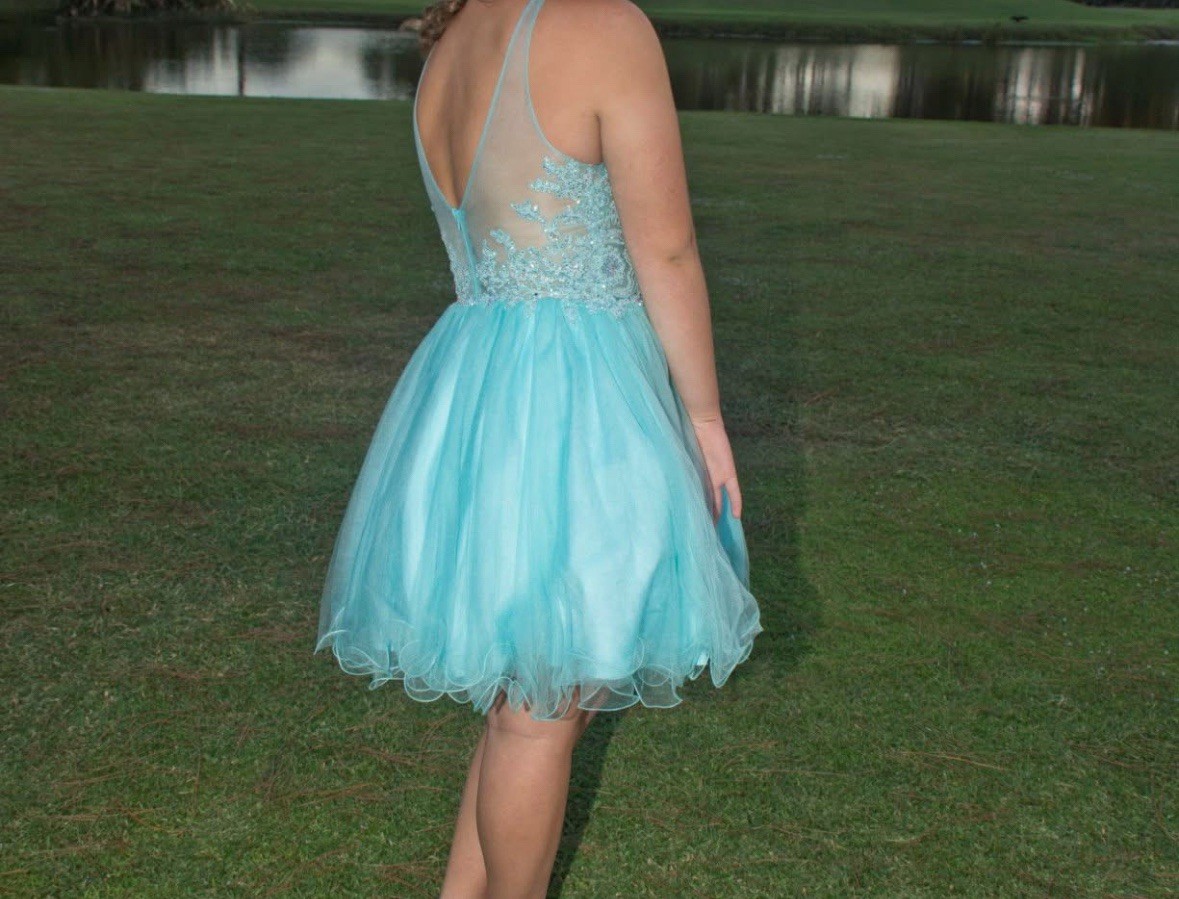 Dancing Queen Aqua Blue Beaded Halter Dress Short XL Prom Homecoming Formal