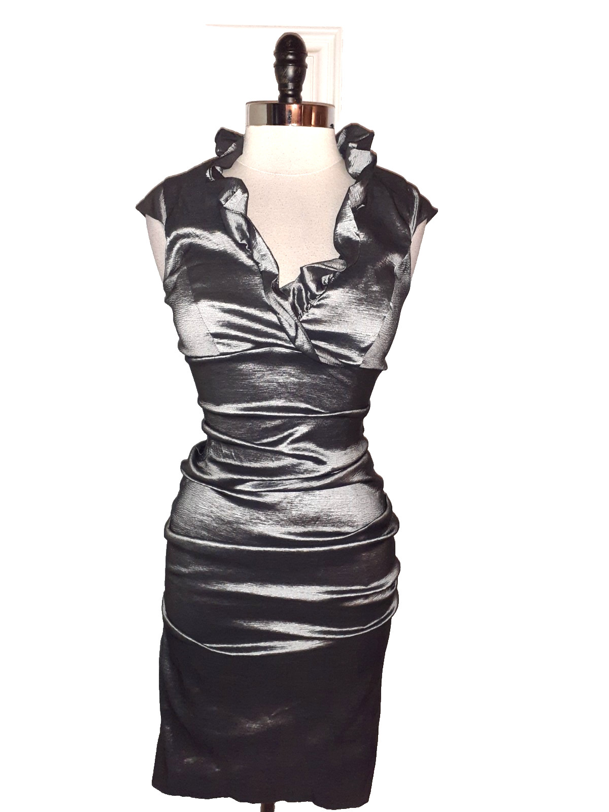 XSCAPE Size 10 Sheath Dress Grey Cap Sleeve Shiny Stretch Woven