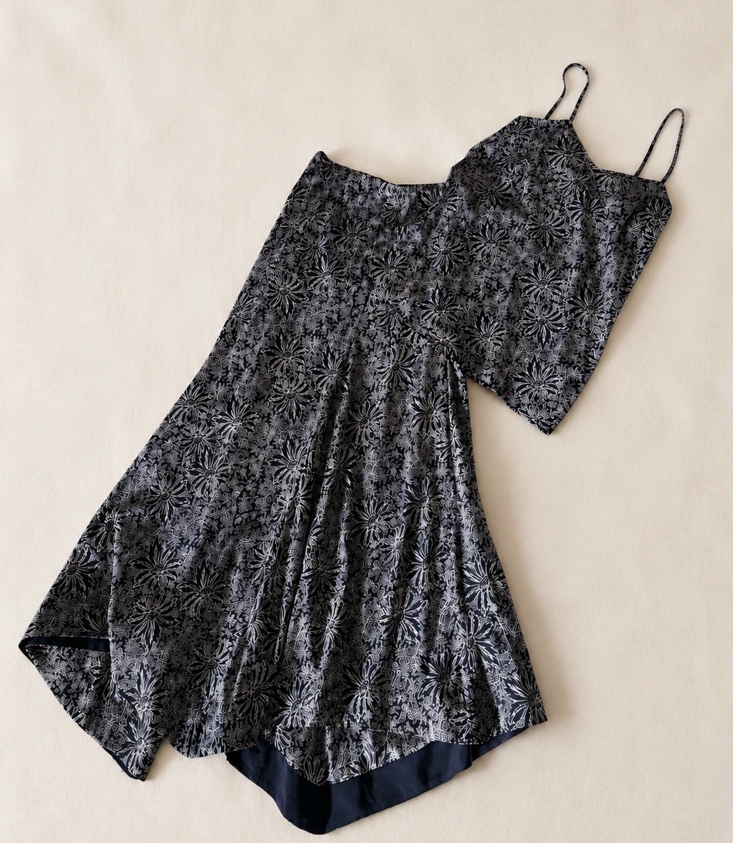 SCANLAN THEODORE Navy White Floral Silk Cami & Midi Skirt Set Size 6 8