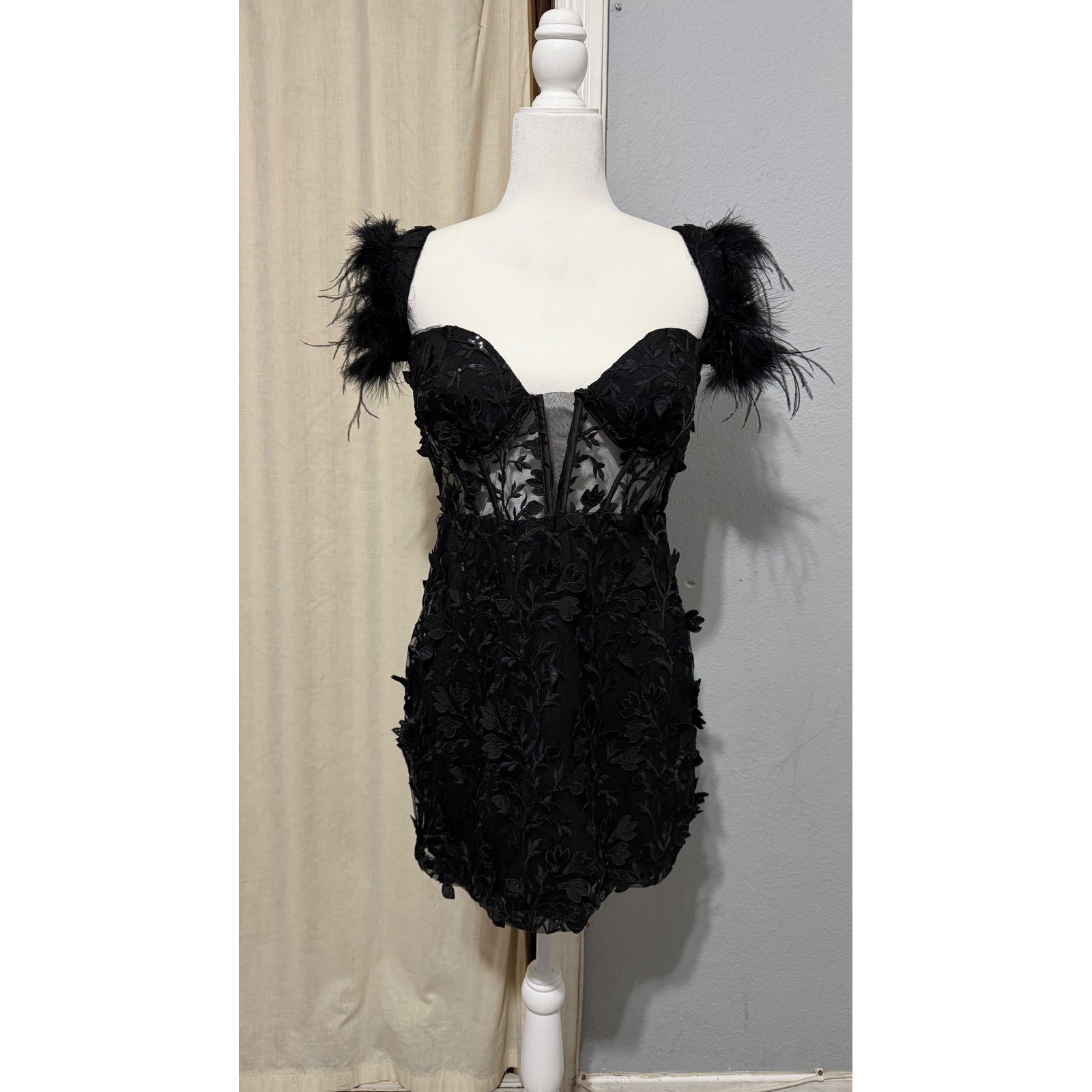 Goth Corset Mini Dress XL Black Sequin Embroidered Feather Off-the-Shoulder Glam