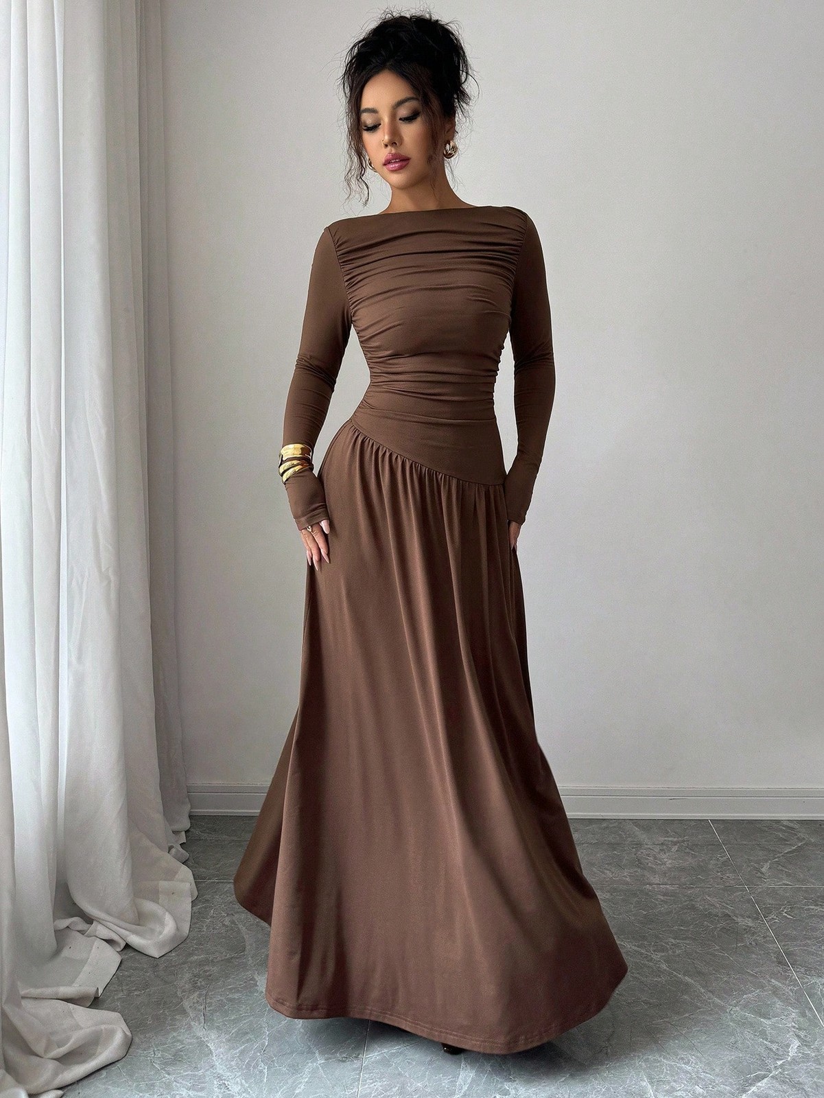 Elegant Women’s Long A Line Off Shoulder Neckline Dress