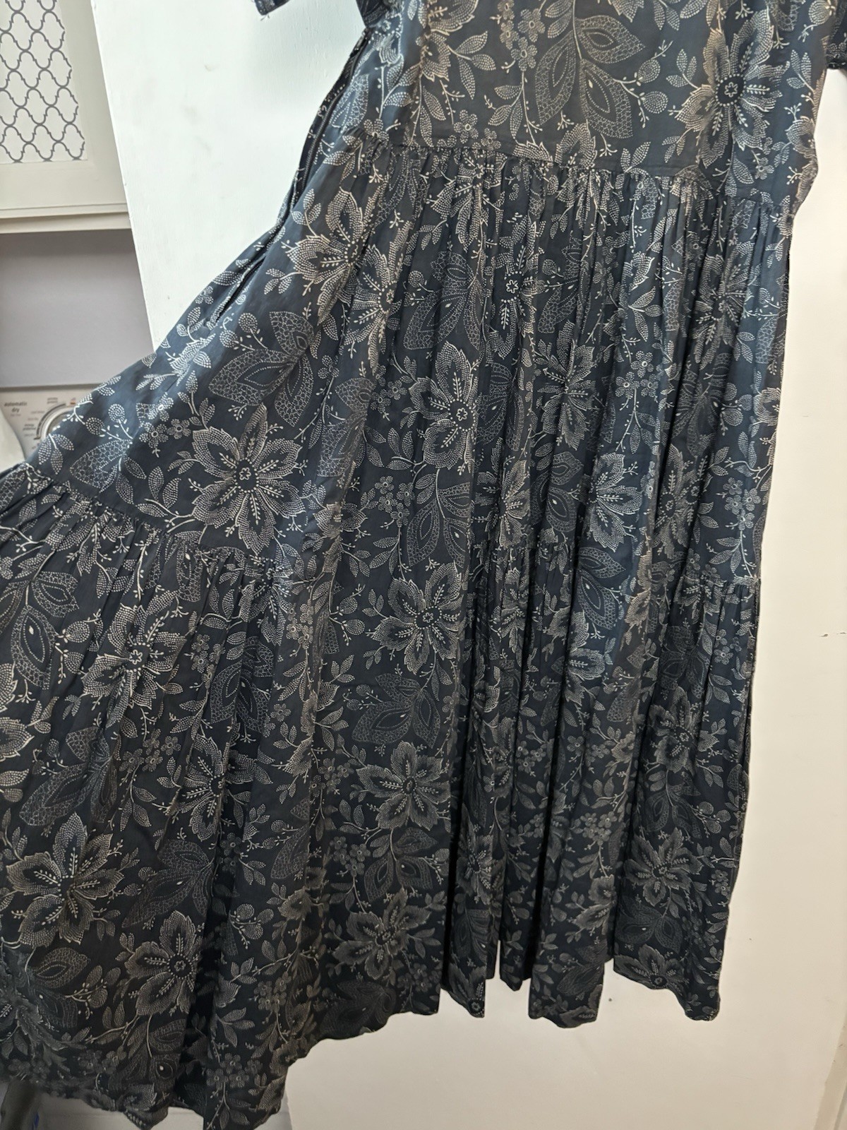 Cacharel Vintage Paris Floral Navy Gray Fit & Flare Pockets Cotton Midi Dress 40