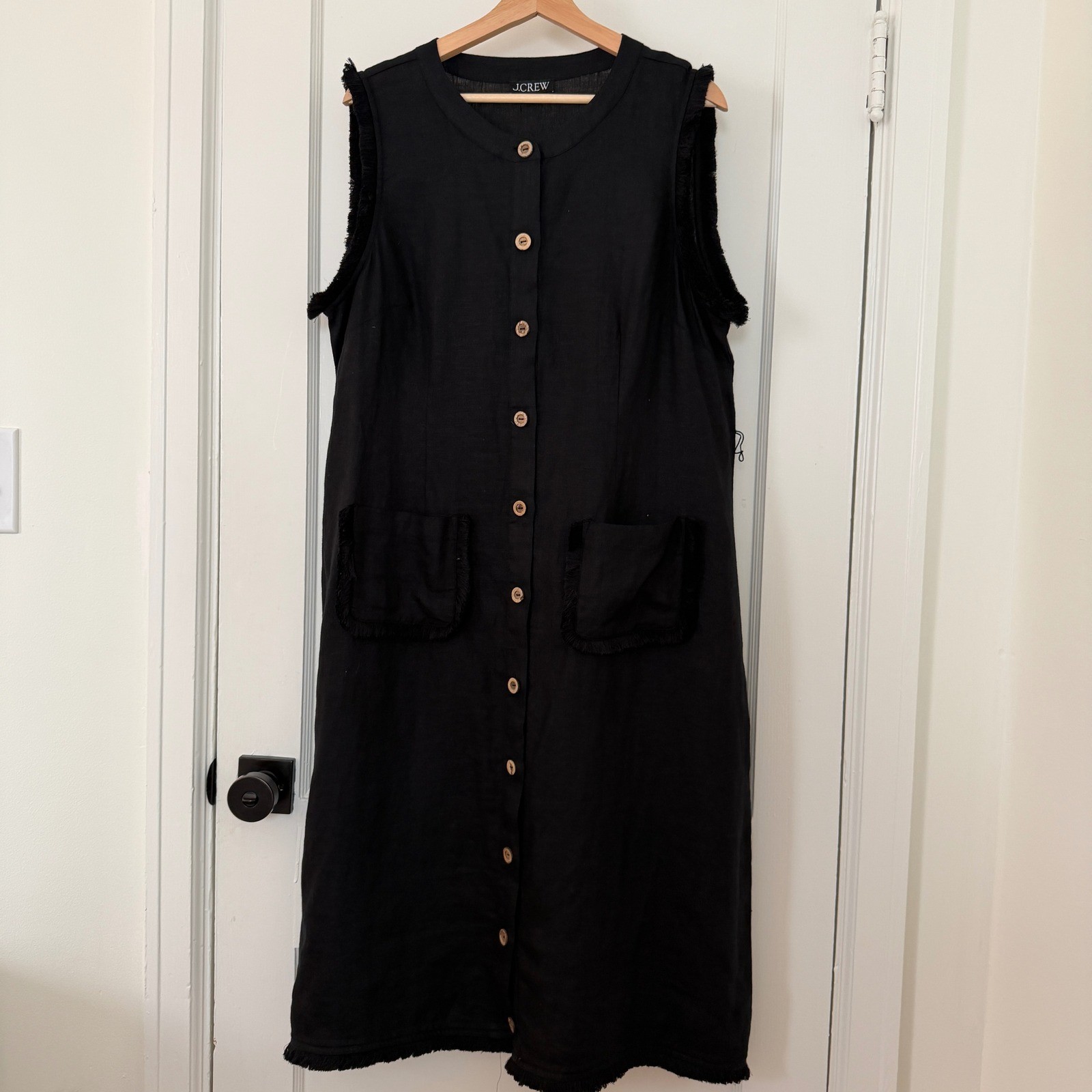 J Crew Black Linen Button Front Belted Midi/Maxi Shirtdress Sz XL: Preppy