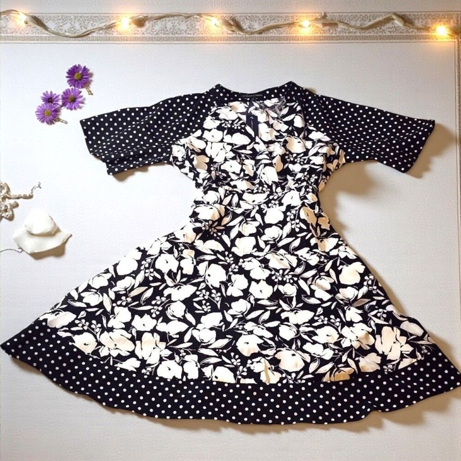 Adrienne Vittadini NWT Black White Floral Polka Dot Swing Dress Small Retro Pinu