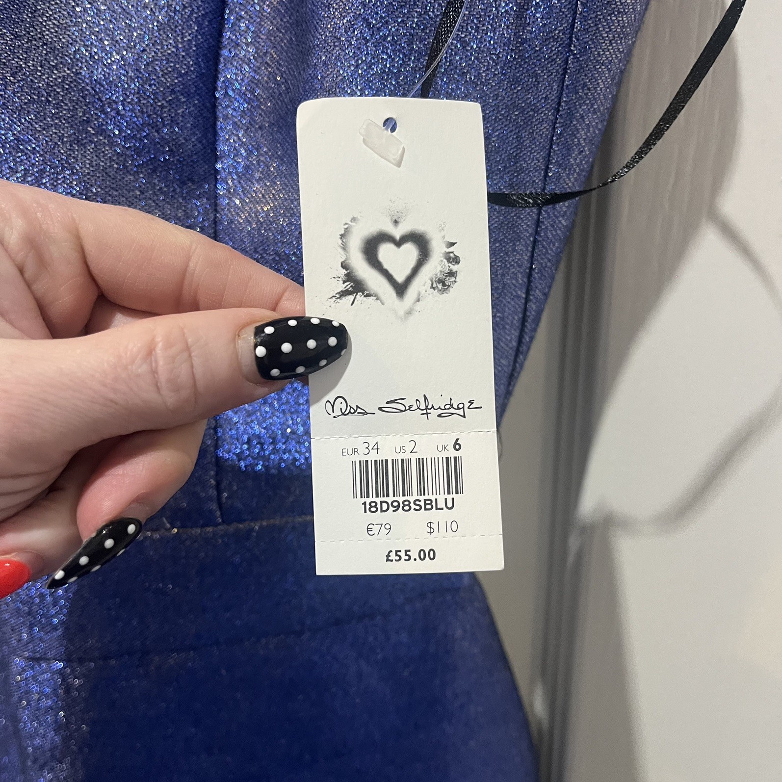 MISS SELFRIDGE – Size 6 UK – BLUE METALLISED SPARKLY cut out DRESS rrp was £55