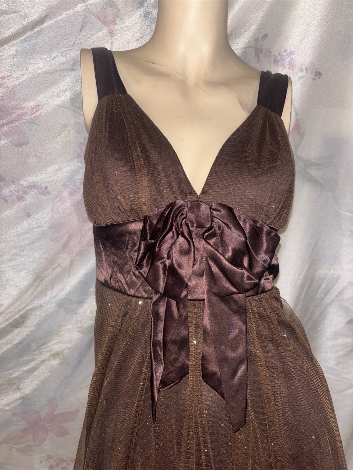 SPEECHLESS,brown tulle,tiny silver dots,satin bow,z5,S,pleats,shirred,New,UNIQUE