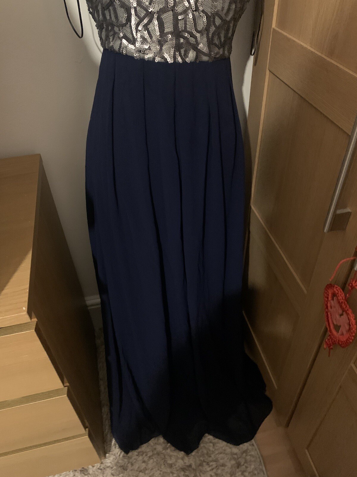 Little Mistress Maxi Dress with hand embellished silver sequins. low cut back.
