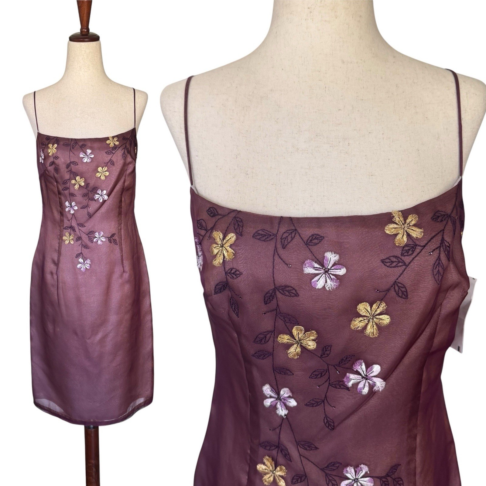 Vintage 90s Laundry Silk Organza Embroidered Floral Slip Dress sz 4/6 NWT