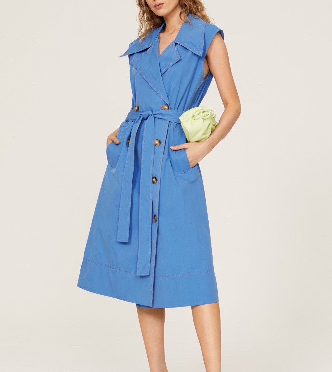 Rejina Pyo Astrid Trench Dress Blue Double Breasted Belted Size 14 Sleeveless