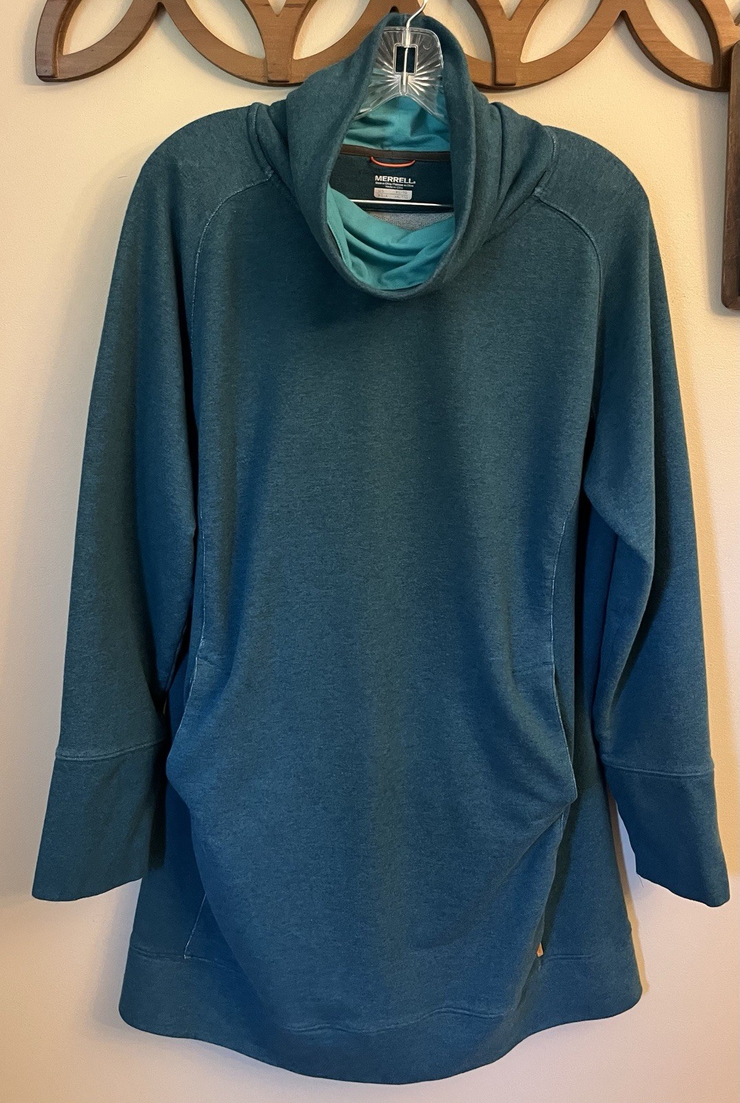 Merrell Sweater Dress Women’s Teal Cowl Neck Long Sleeve Knit Pockets Size XL