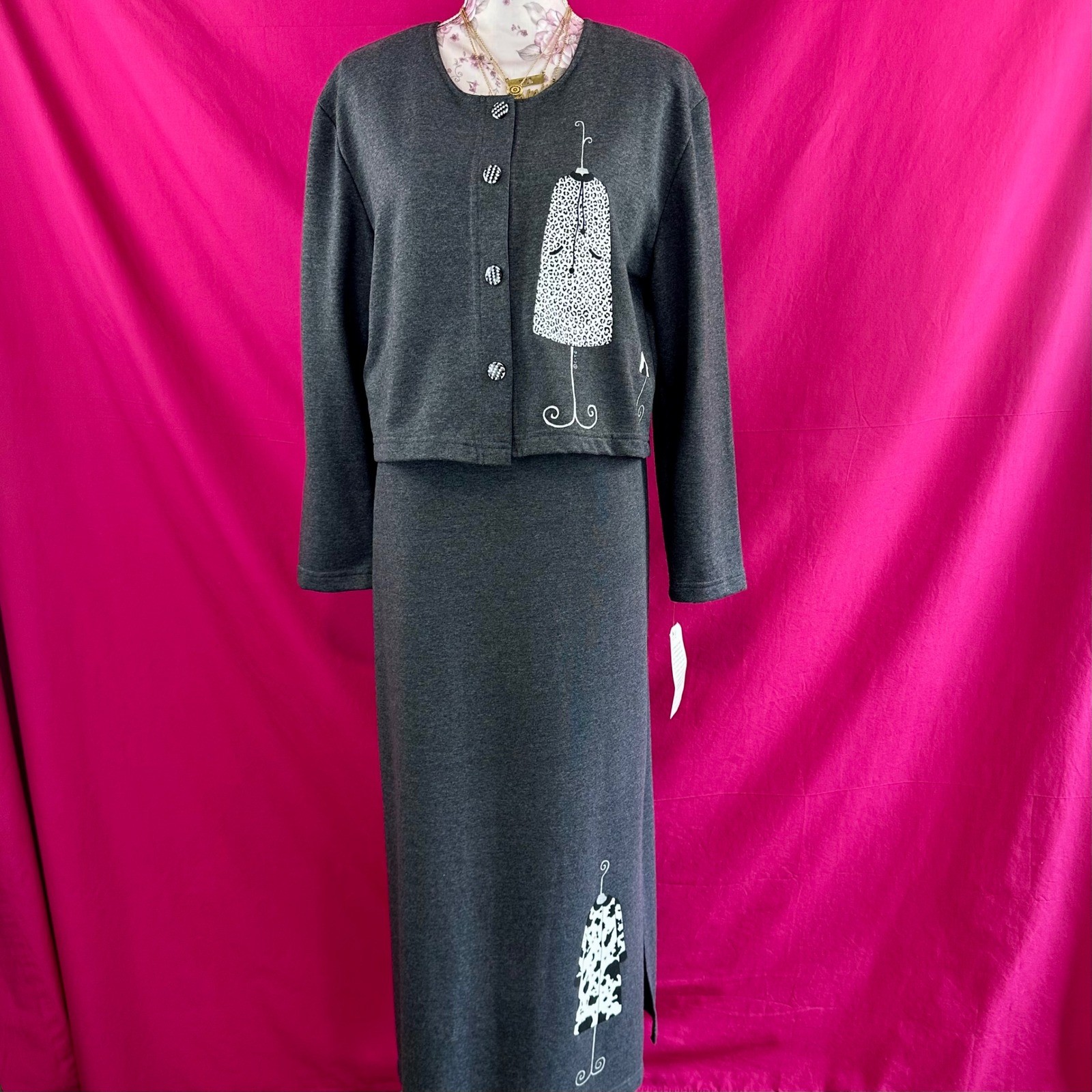 2 Piece Set Graphic Maxi Long Dress Cardigan Gray Fashion Artsy Novelty S Cite
