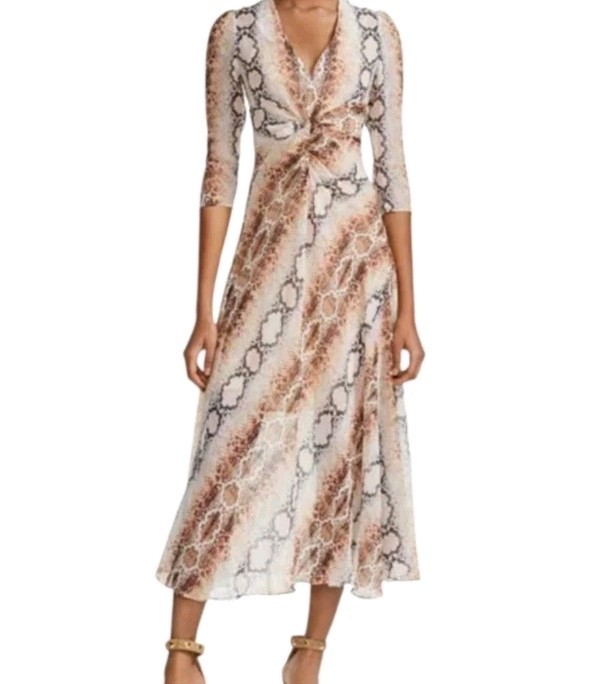Maje Repena Snake Print Midi Dress Women’s Size 1 V-Neck Smocked Midi Dress