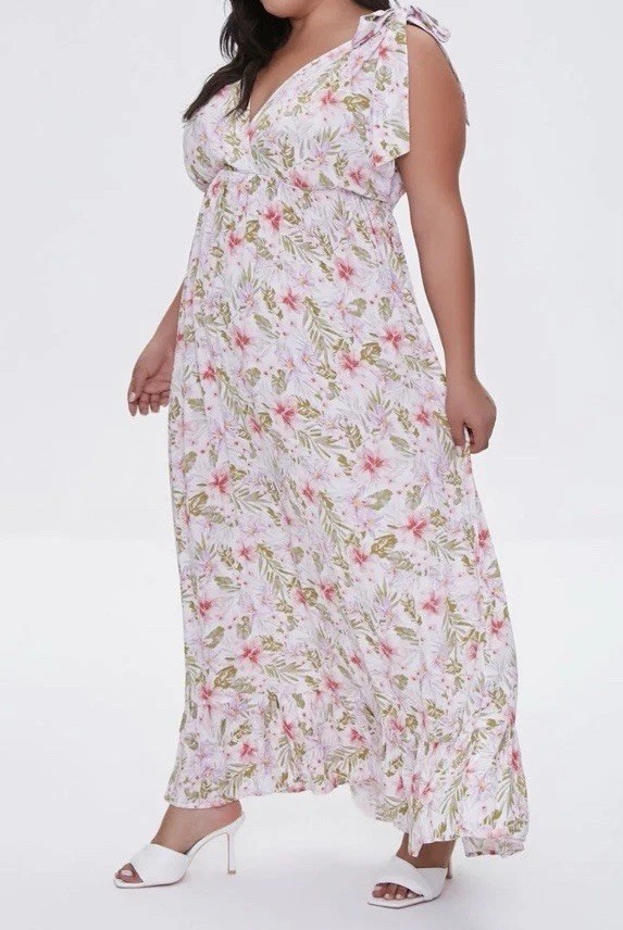 Forever 21 Floral Tropical Self Tie Straps Deep V-neck Tiered Hem Maxi Dress 3X