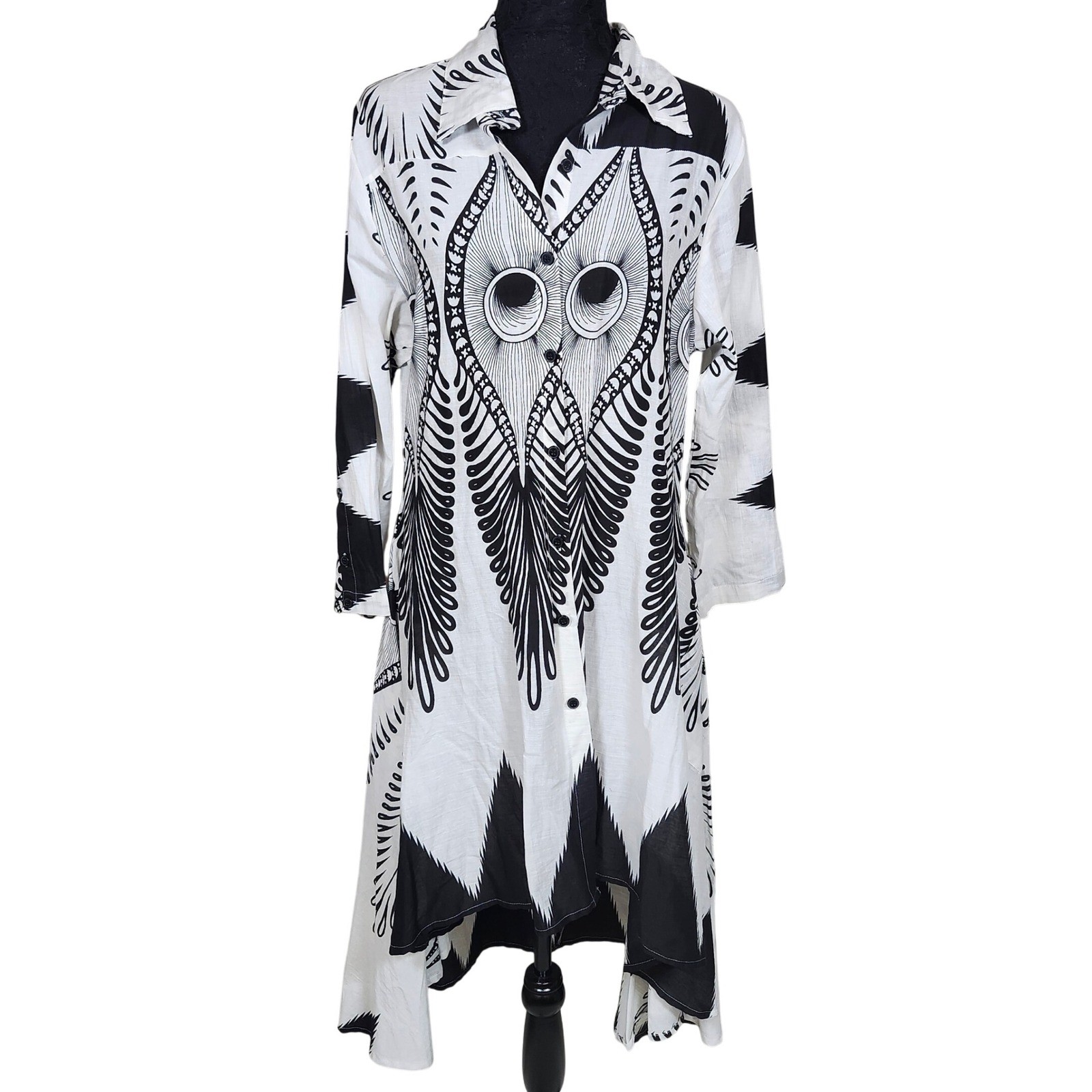 Step In Style Black White Print Long Sleeve Midi Dress PXL Collared Casual