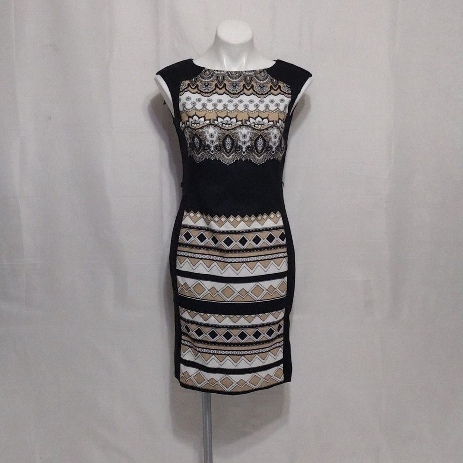 London Times Aztec Print Sleeveless Sheath Dress Sz 4 Boho Chic Workwear Office