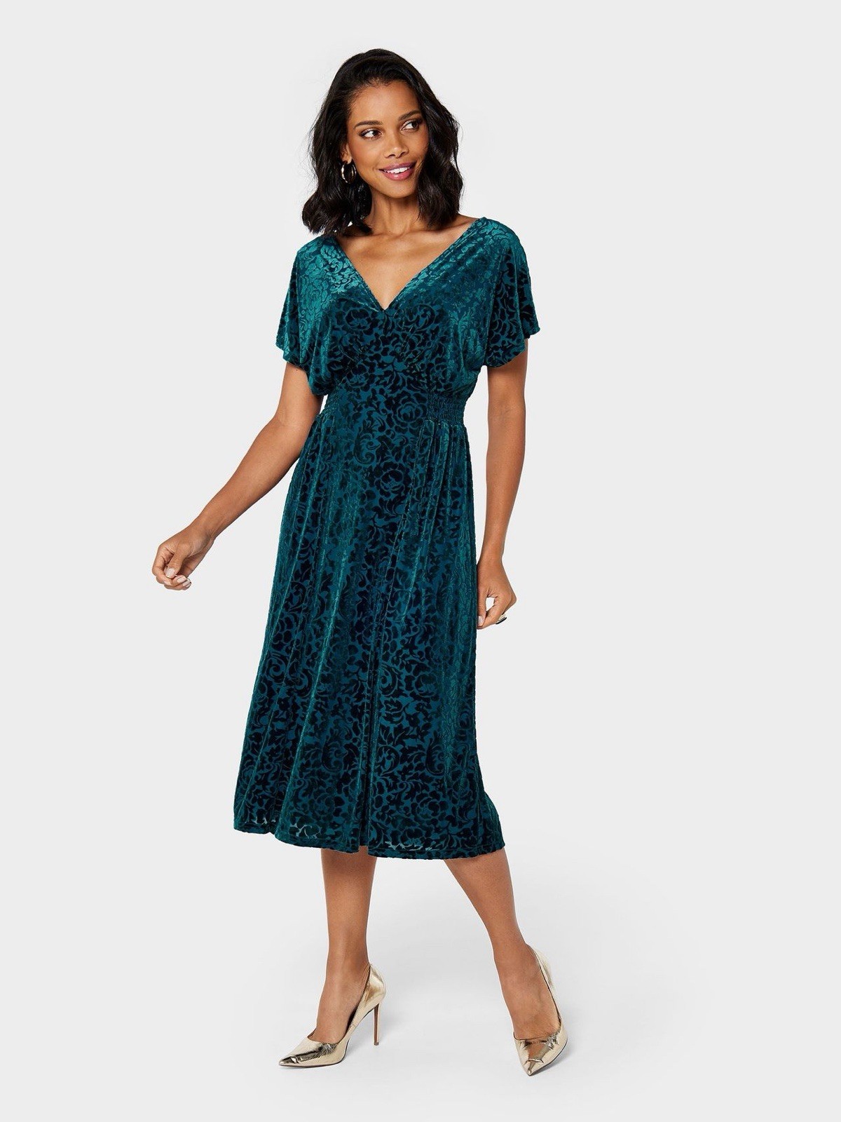 GWD Nadia Devore Velvet Teal Midi Dress by George W. Davies Size 8 (A2) RRP£64