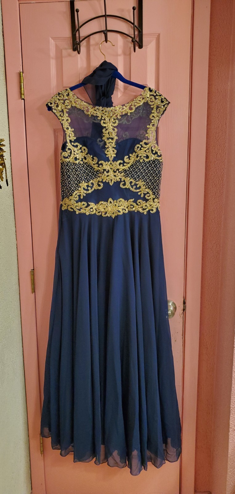 Dancing Queen Navy Blue/Gold Embroidered Formal Dress 2XL Illusion Neck Chiffon