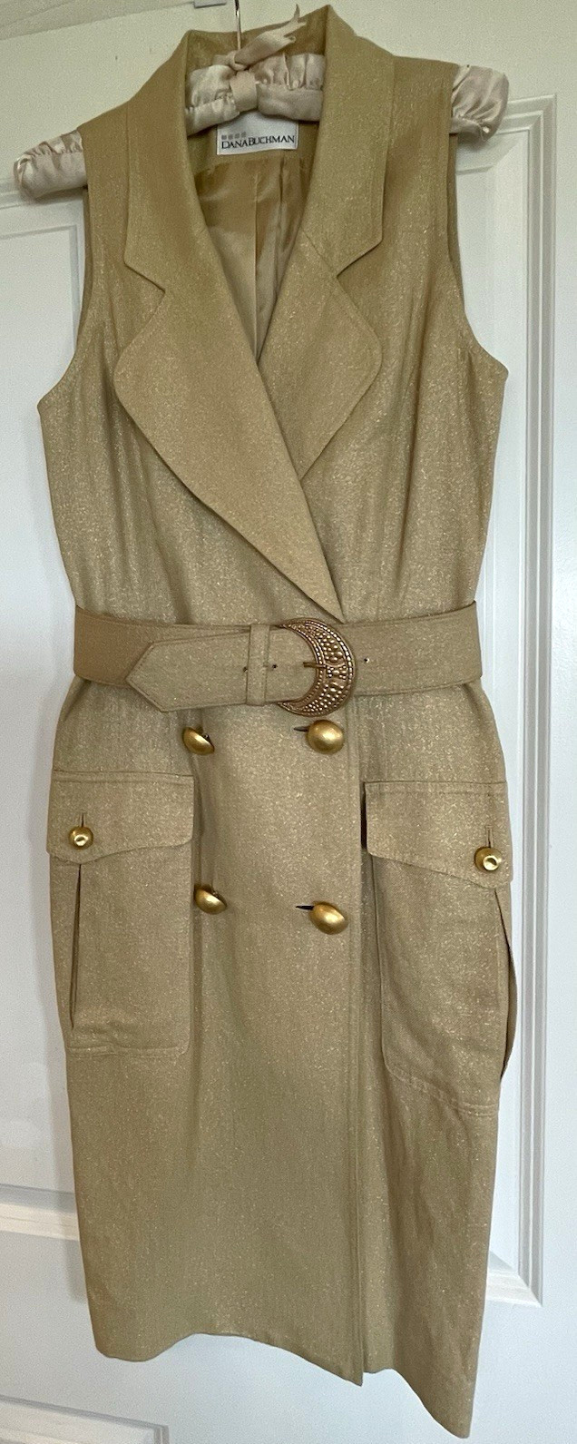 Dana Buchman Gold Sleeveless Wrap Sheath Dress Sz 4 Belted Button Front Pockets
