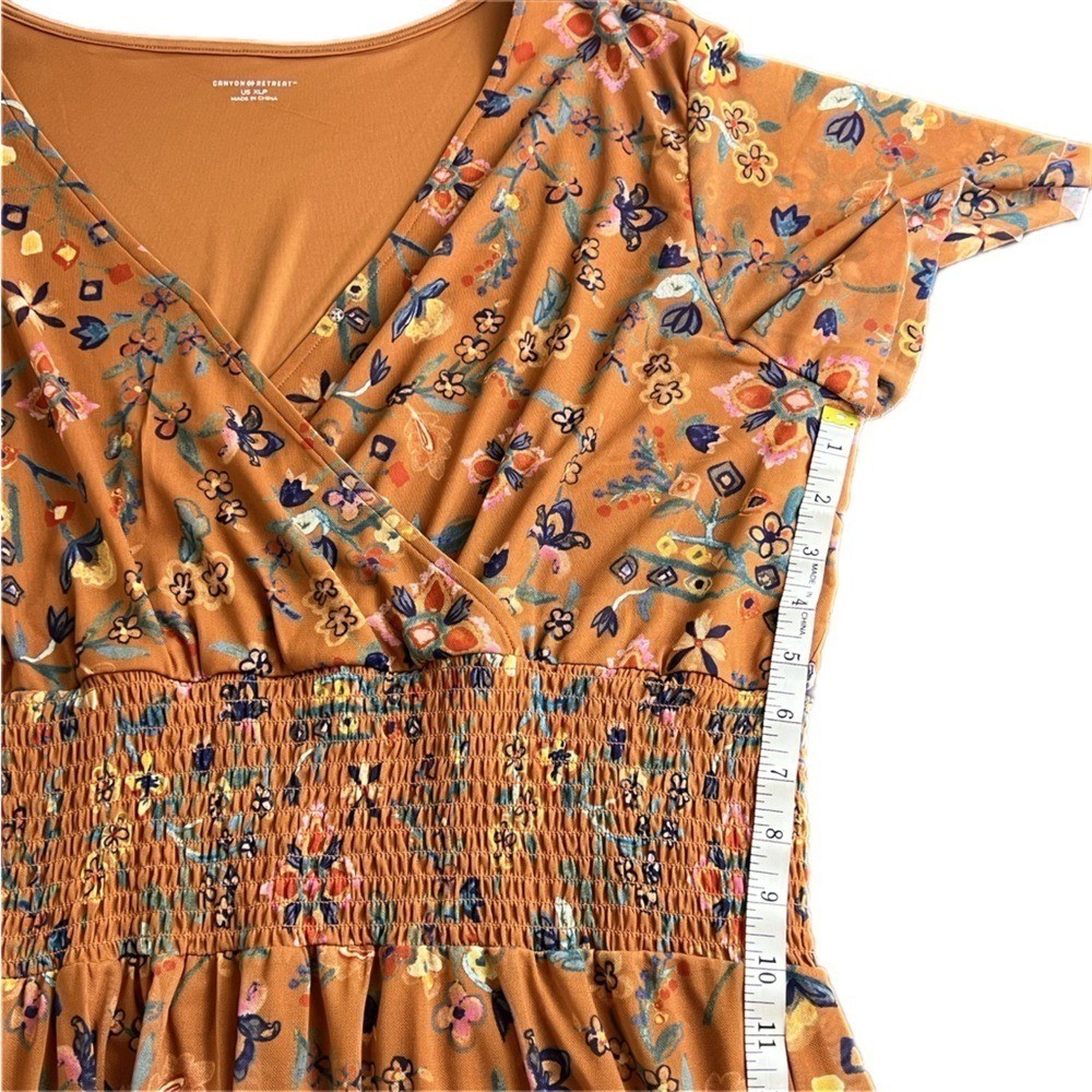 Canyon Retreat Mesh Cottagecore Modest Flutter Sleeve Dress Copper XL Floral