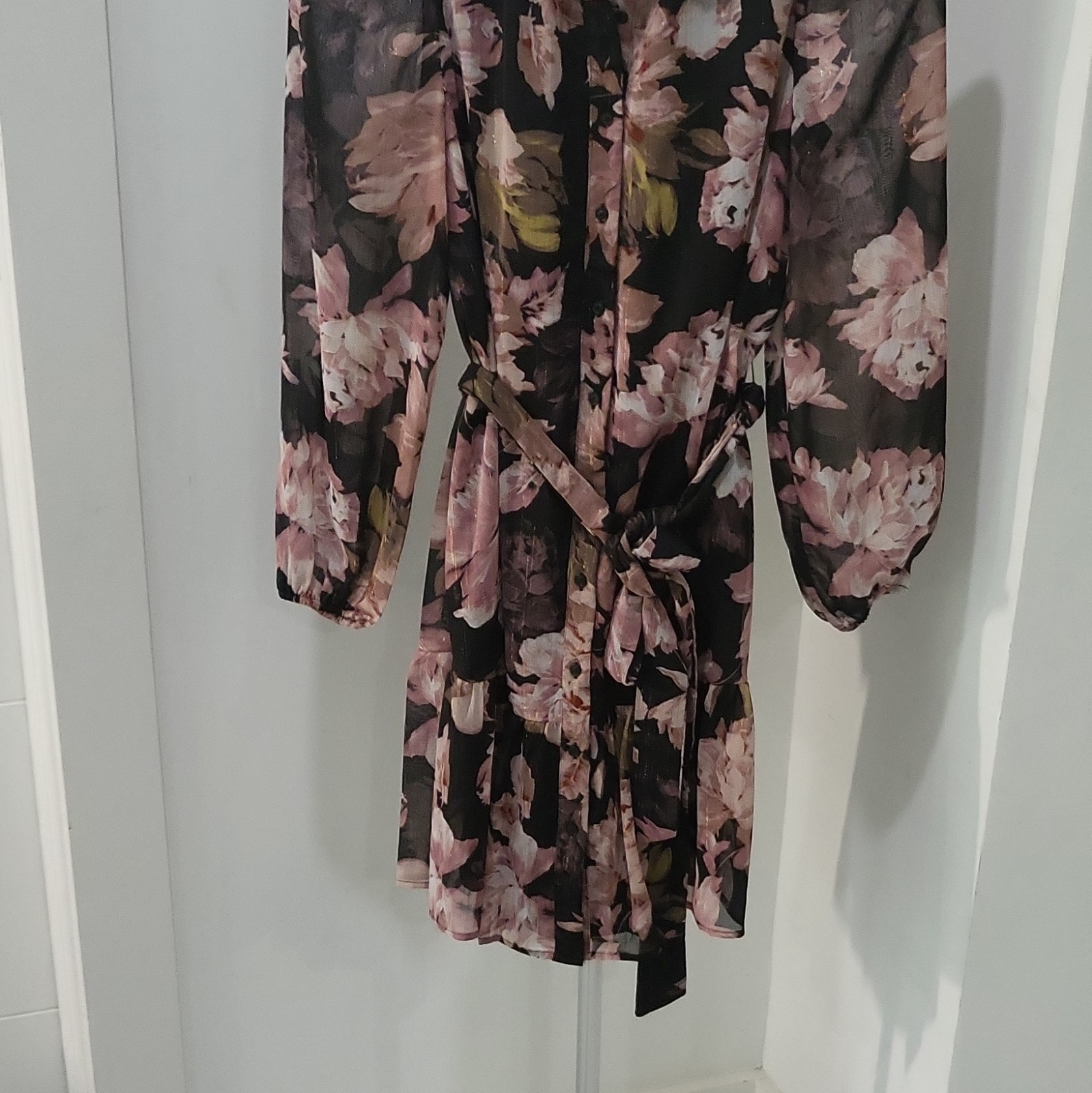Anne Klein Floral Chiffon Collared Button Front Long Sleeve Belted Dress 2