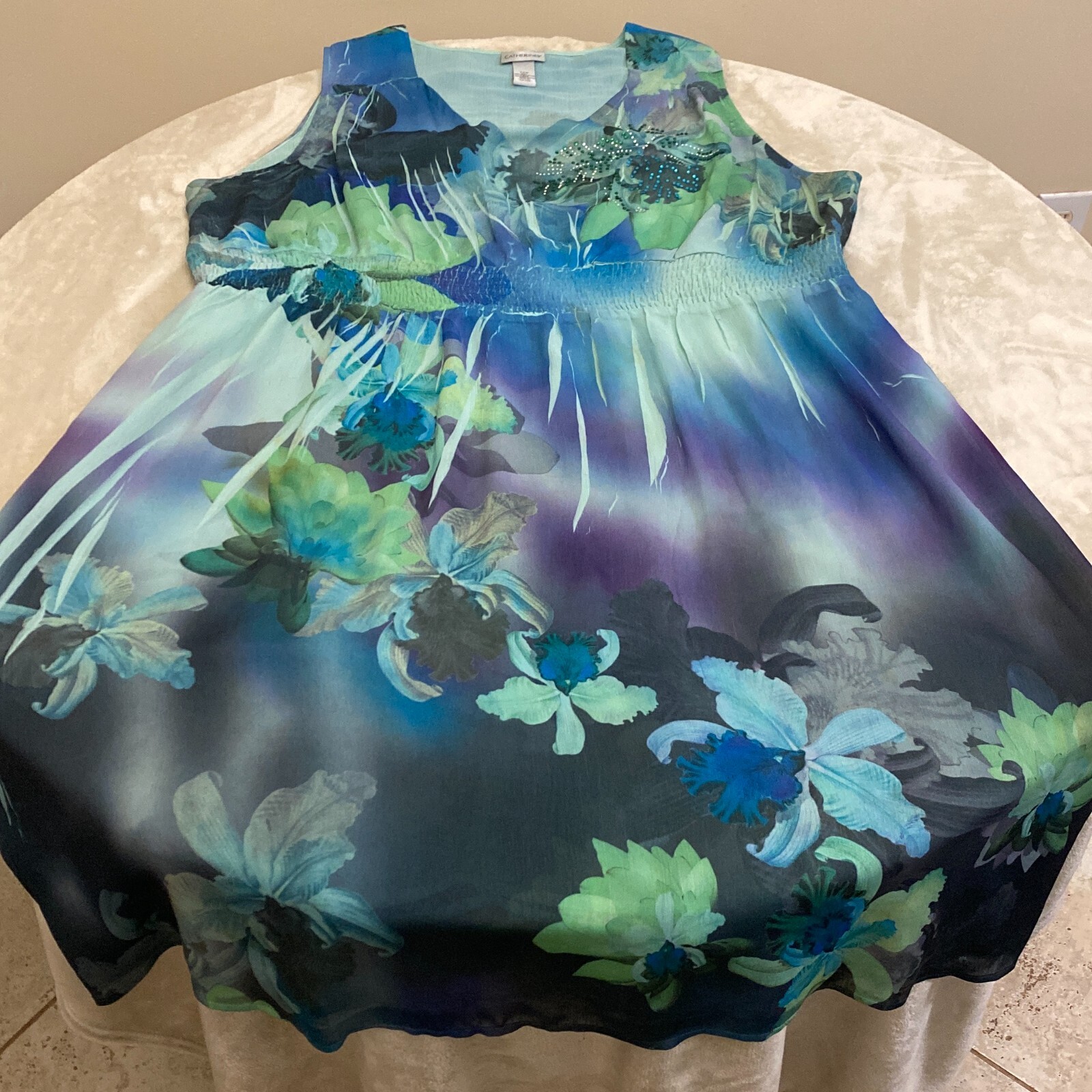 Catherines Womens Blue Green Floral Sleeveless Pullover Fit & Flare Dress Sz 30W