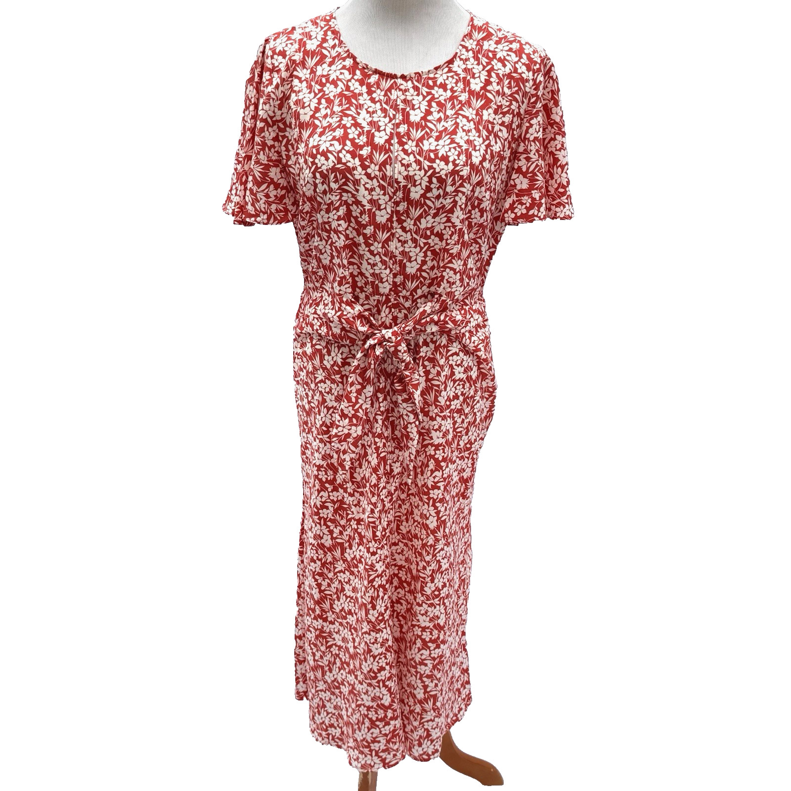 Ralph Lauren Dress Sz 10 Red White Floral Front Tie Lightweight Keyhole Mad Men