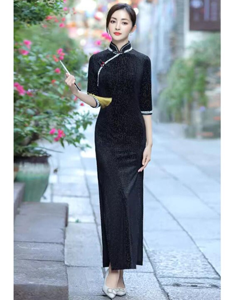 Young Lady Improved Cheongsam Split Shining Dress Long Velvet Qipao ChineseStyle