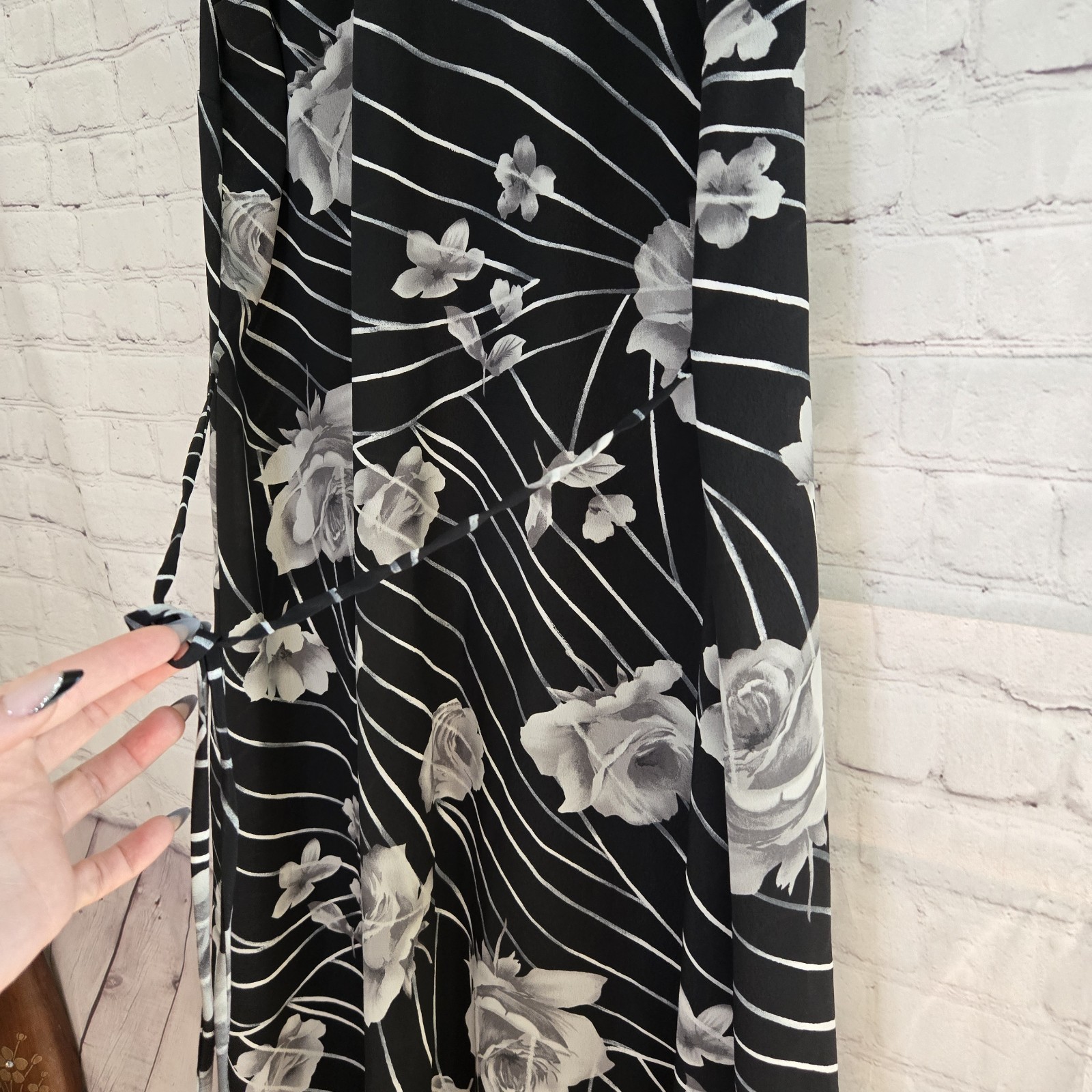 American vtg 90s gothic floral button front collared tie back Grunge Maxi Dress
