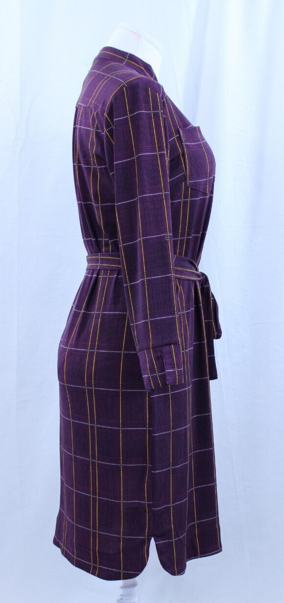 Donna Morgan Dress Purple Yellow Plaid Chest Pockets Waist Tie Buttons Sz 4