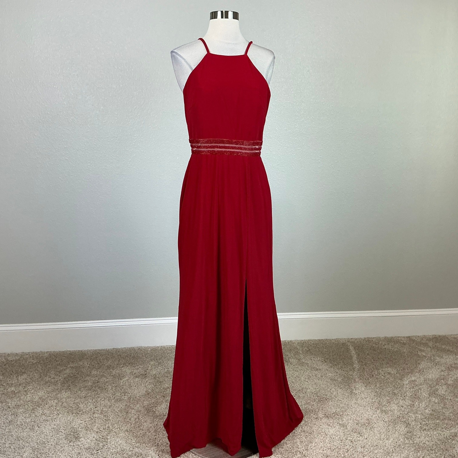 Nightway Red Evening Gown Backless Cut Out Thigh Slit A-Line Long Dress Size 10