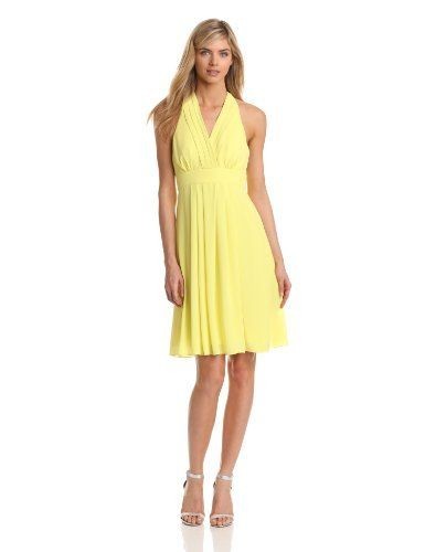 VINCE CAMUTO Yellow Halter Party Cocktail Dress Pleated Neckline & Skirt-6- NWOT