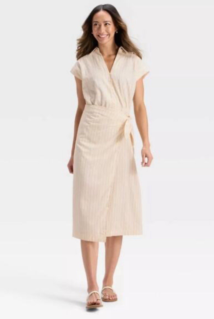 Medium Short Sleeve Wrap Waist Midi Shirtdress – Universal Thread Cream Striped