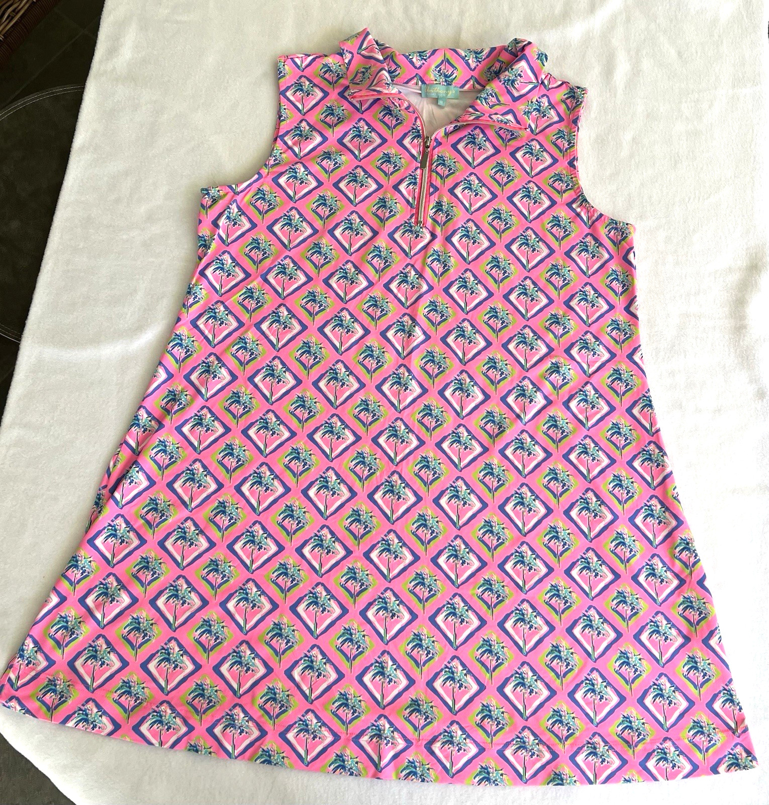 Anthonys Resort Wear Dress Pink Palm Trees Print Sleeveless 1/4 Zip Front