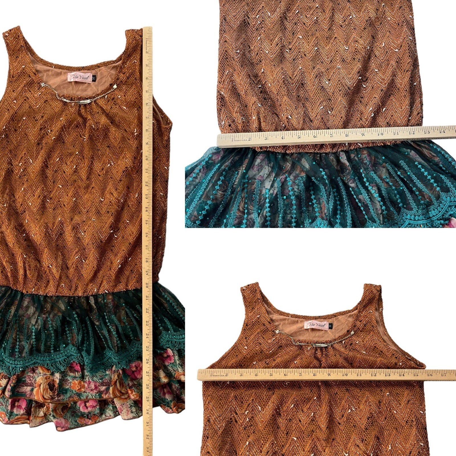 He Juan Womens Medium Brown Teal Sequin Silk Knit Tank Ruffle Layered Mini Dress