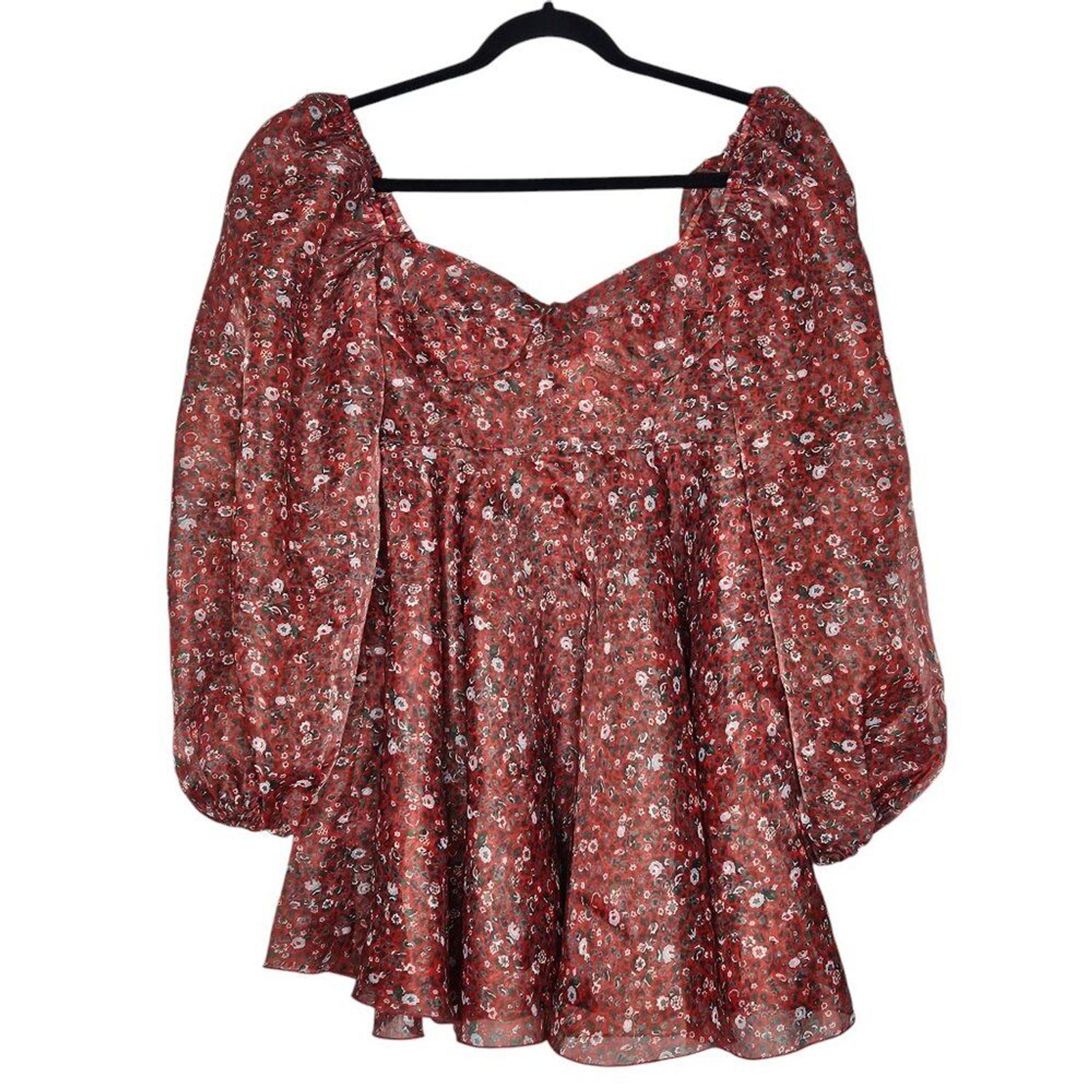 Selkie Princess Crimson Darling Red Floral Puff Sleeve Organza Mini Dress Size S